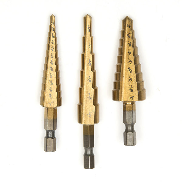 3pc Titanium Coated Step Drill Bit Set Cone Shaped Hole Cutter / Reamer Bits - 28 Different SAE Sizes