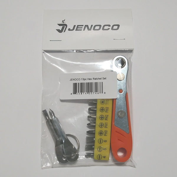JENOCO 90 Degree Angle Screwdriver Hex Ratchet + Short Hex Bits + Keychain Screwdrivers (13pc Set)